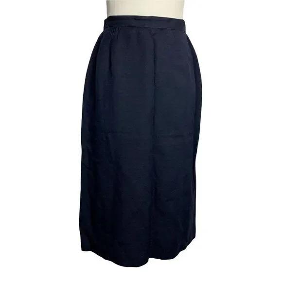 Vintage 80s Louis Feraud Top Skirt Set 12 Navy Blue Linen Silk Stripe - Picture 7 of 9